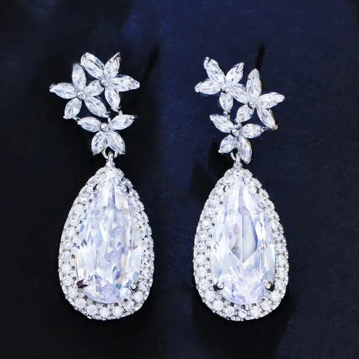 Wedding Jewelry - Silver Cubic Zirconia Bridal Earrings