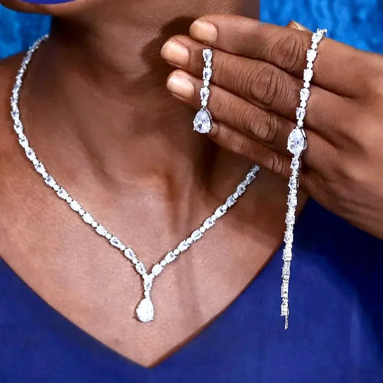 Wedding Jewelry - Silver Cubic Zirconia Bridal Three-Piece Jewelry Set