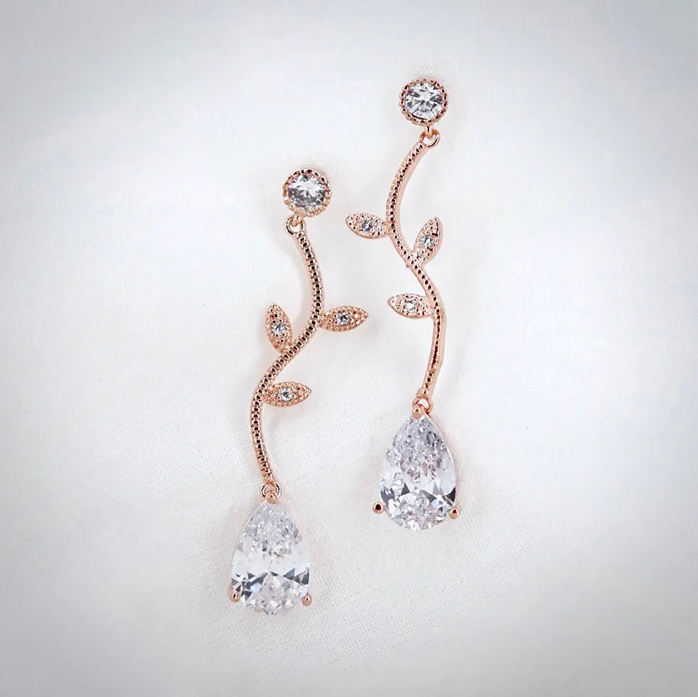 Wedding Jewelry - CZ Vine Bridal Earrings - Available in Silver, Rose Gold and Yellow Gold
