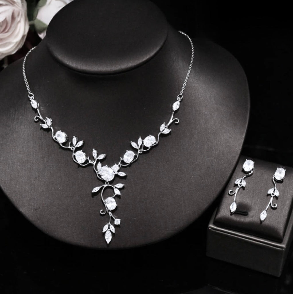 Wedding Jewelry - Cubic Zirconia Silver Vine Bridal Jewelry Set