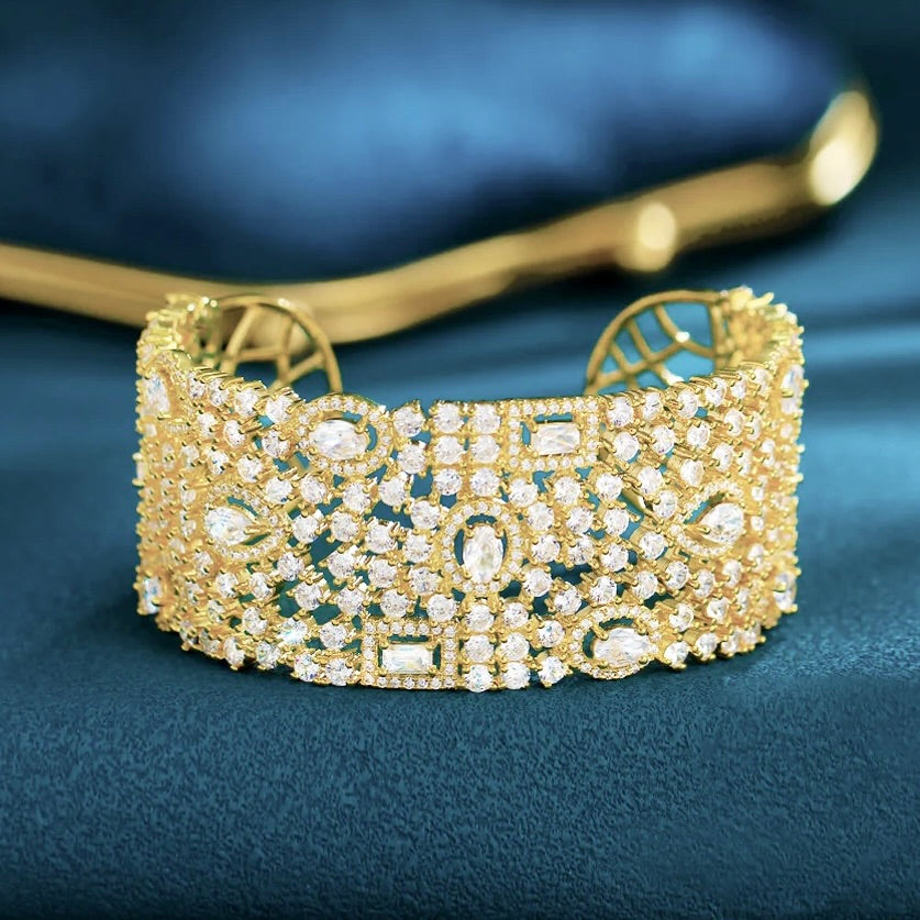 Wedding Jewelry - Cubic Zirconia Bridal Cuff Bracelet - Available in Silver and Gold 