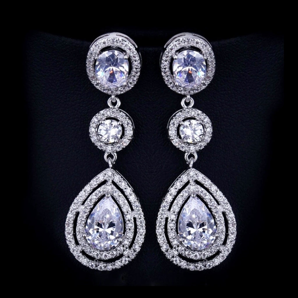 Wedding Jewelry - Silver Cubic Zirconia Bridal Earrings