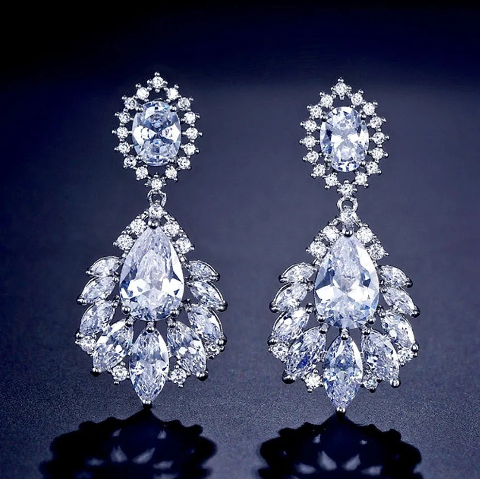 Wedding Jewelry - Silver Cubic Zirconia Bridal Earrings