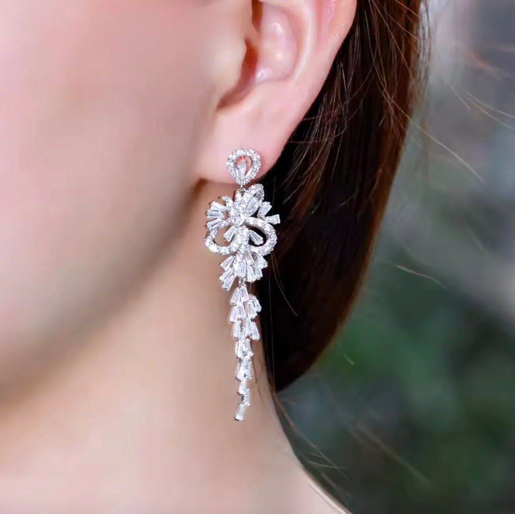 Wedding Jewelry  - Silver Cubic Zirconia Bridal Earrings