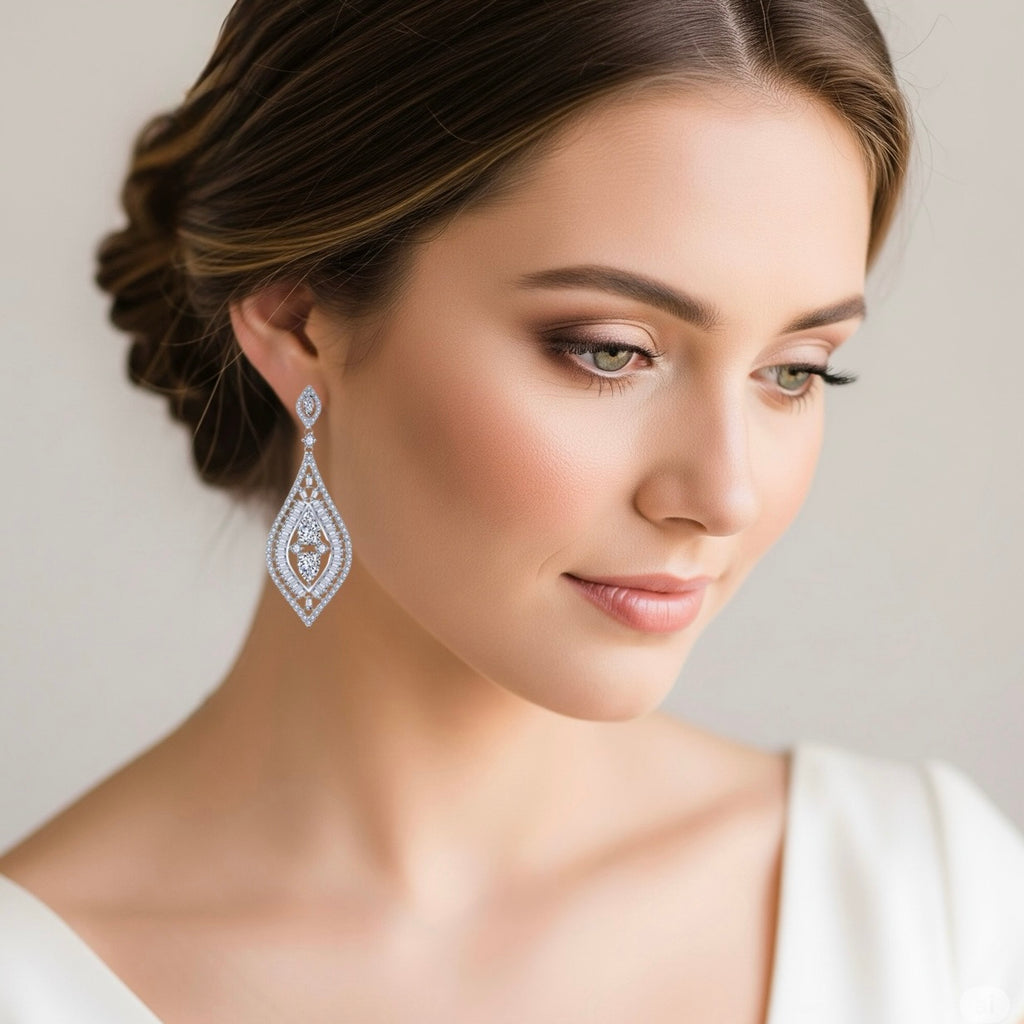 Wedding Jewelry - Silver Cubic Zirconia Bridal Earrings
