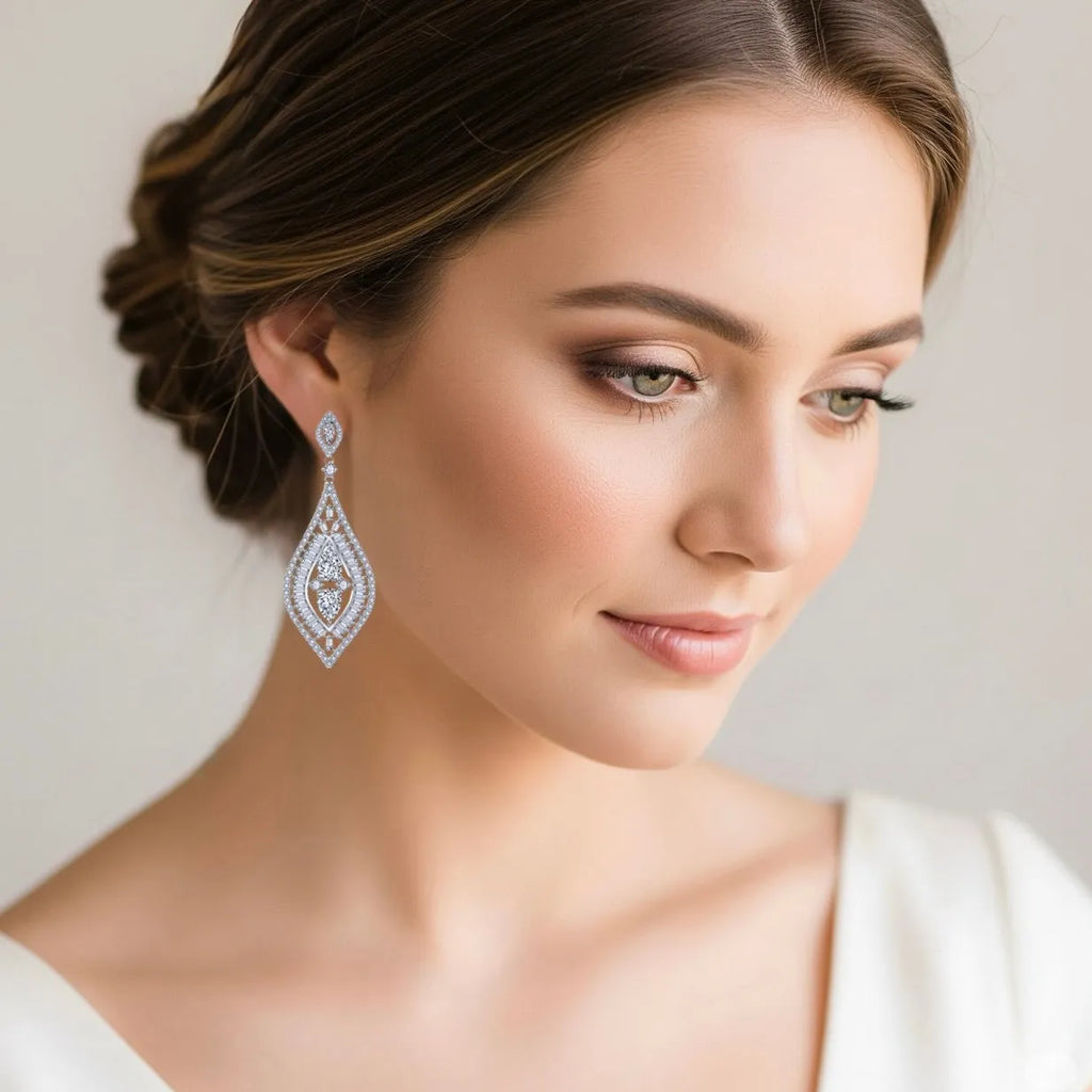 Wedding Jewelry - Silver Cubic Zirconia Bridal Earrings
