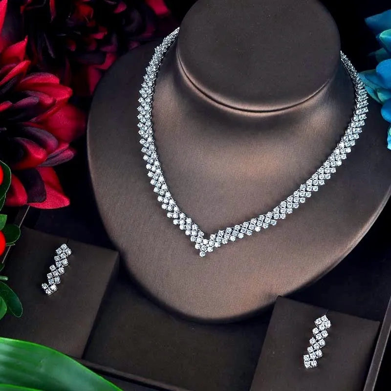 Wedding Jewelry - Silver Cubic Zirconia Bridal Three-Piece Jewelry Set