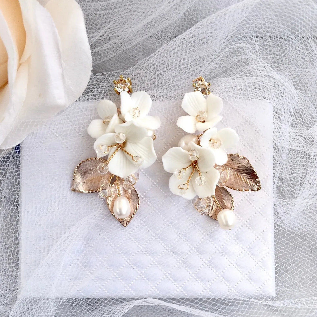 Wedding Hair Accessories - Ceramic Flowers Bridal Earrings - Available in Silver and Gold