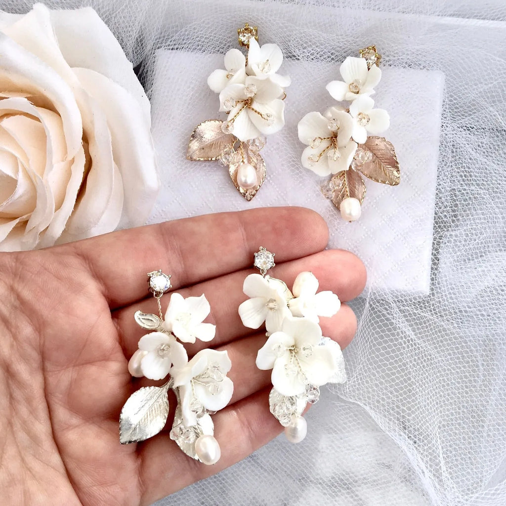 Wedding Hair Accessories - Ceramic Flowers Bridal Hair Comb and Earrings Set - Available in Silver and Gold