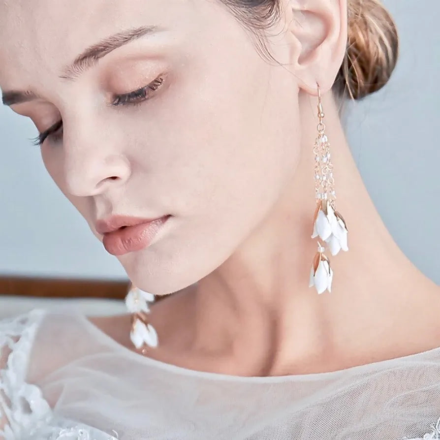 Wedding Pearl Jewelry - Bohemian Ceramic Flowers Bridal Earrings