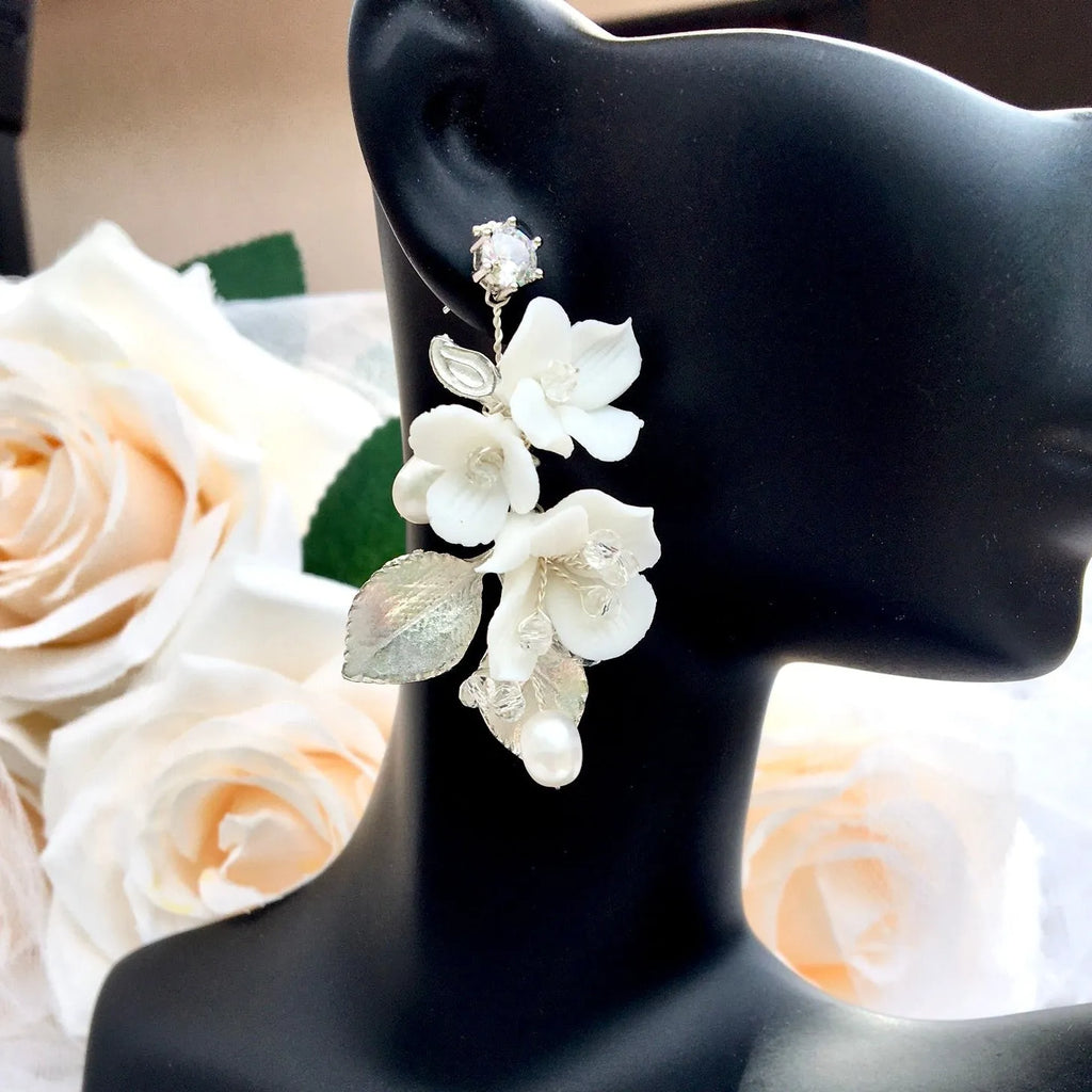 Wedding Hair Accessories - Ceramic Flowers Bridal Hair Comb and Earrings Set - Available in Silver and Gold