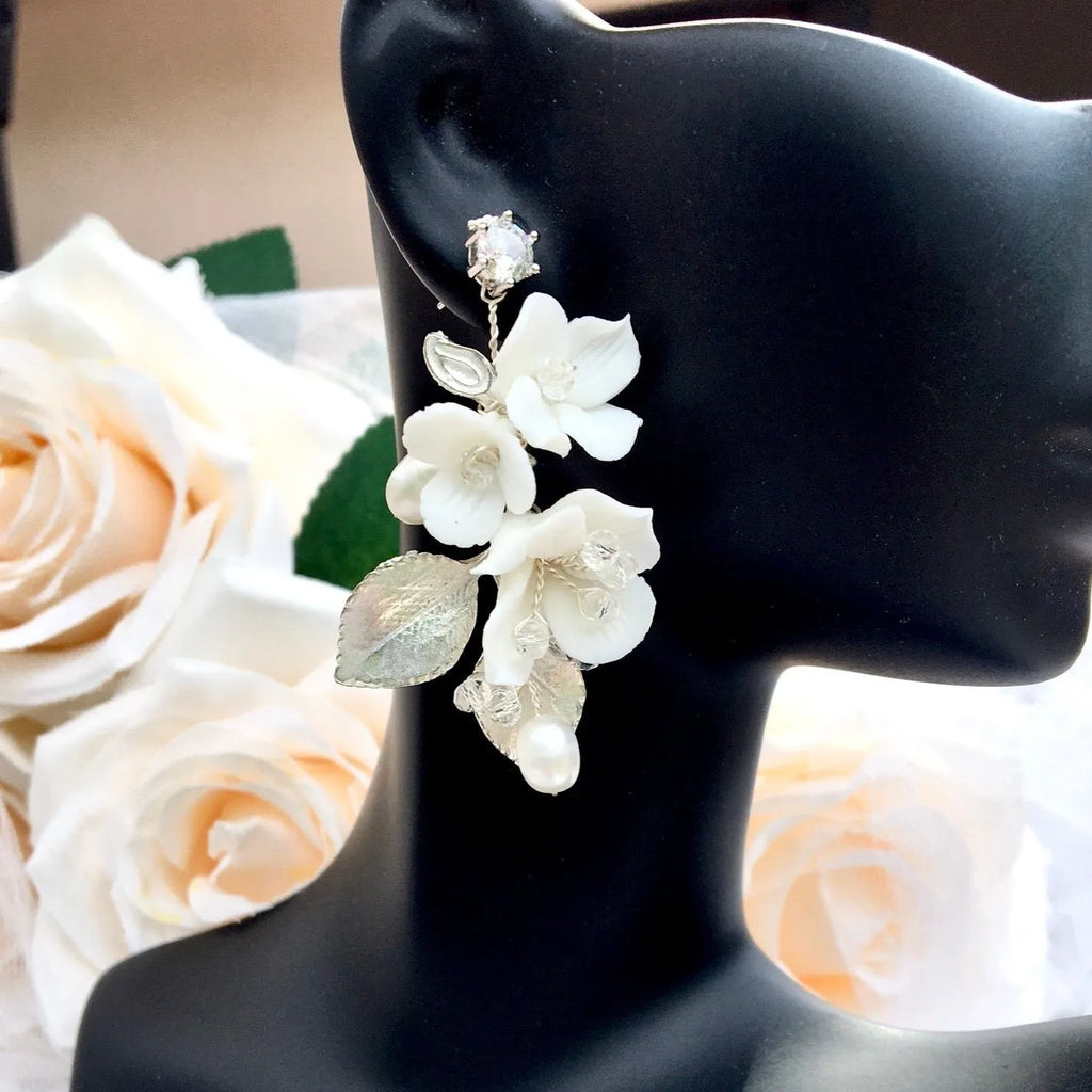Wedding Hair Accessories - Ceramic Flowers Bridal Earrings - Available in Silver and Gold