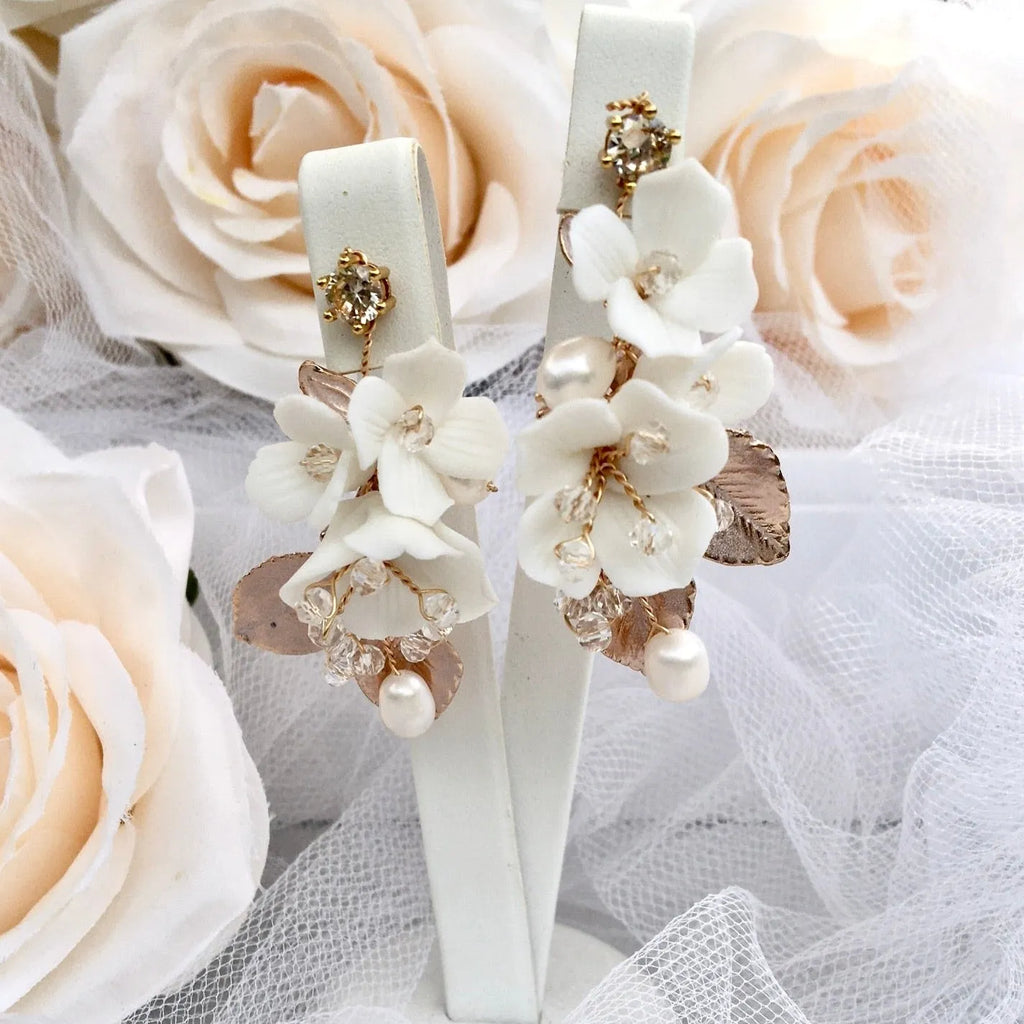 Wedding Hair Accessories - Ceramic Flowers Bridal Earrings - Available in Silver and Gold