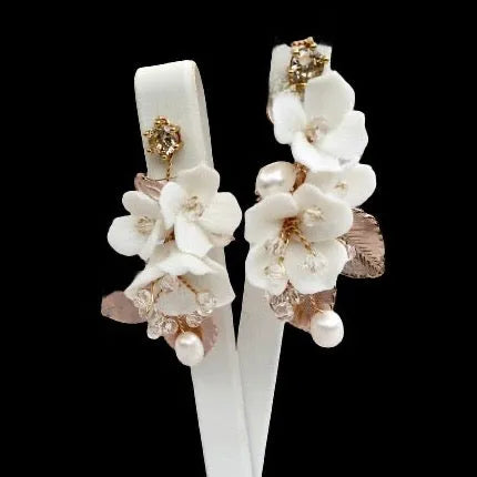 Wedding Hair Accessories - Ceramic Flowers Bridal Earrings - Available in Silver and Gold