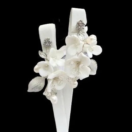 Wedding Hair Accessories - Ceramic Flowers Bridal Earrings - Available in Silver and Gold