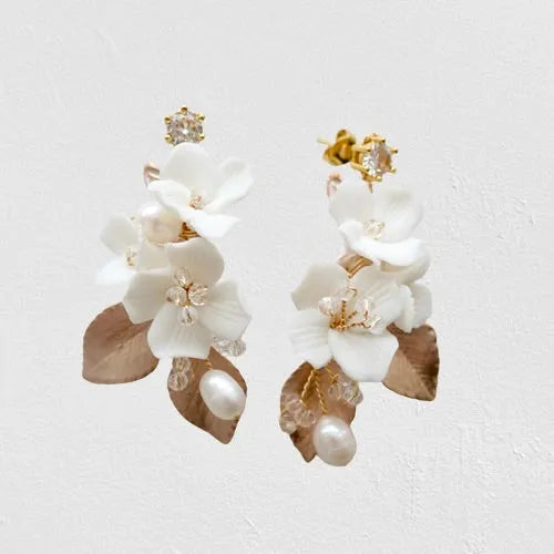 Wedding Hair Accessories - Ceramic Flowers Bridal Earrings - Available in Silver and Gold