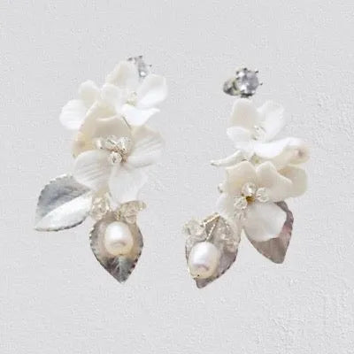 Wedding Hair Accessories - Ceramic Flowers Bridal Earrings - Available in Silver and Gold