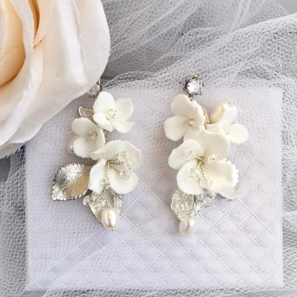 Wedding Hair Accessories - Ceramic Flowers Bridal Hair Comb and Earrings Set - Available in Silver and Gold
