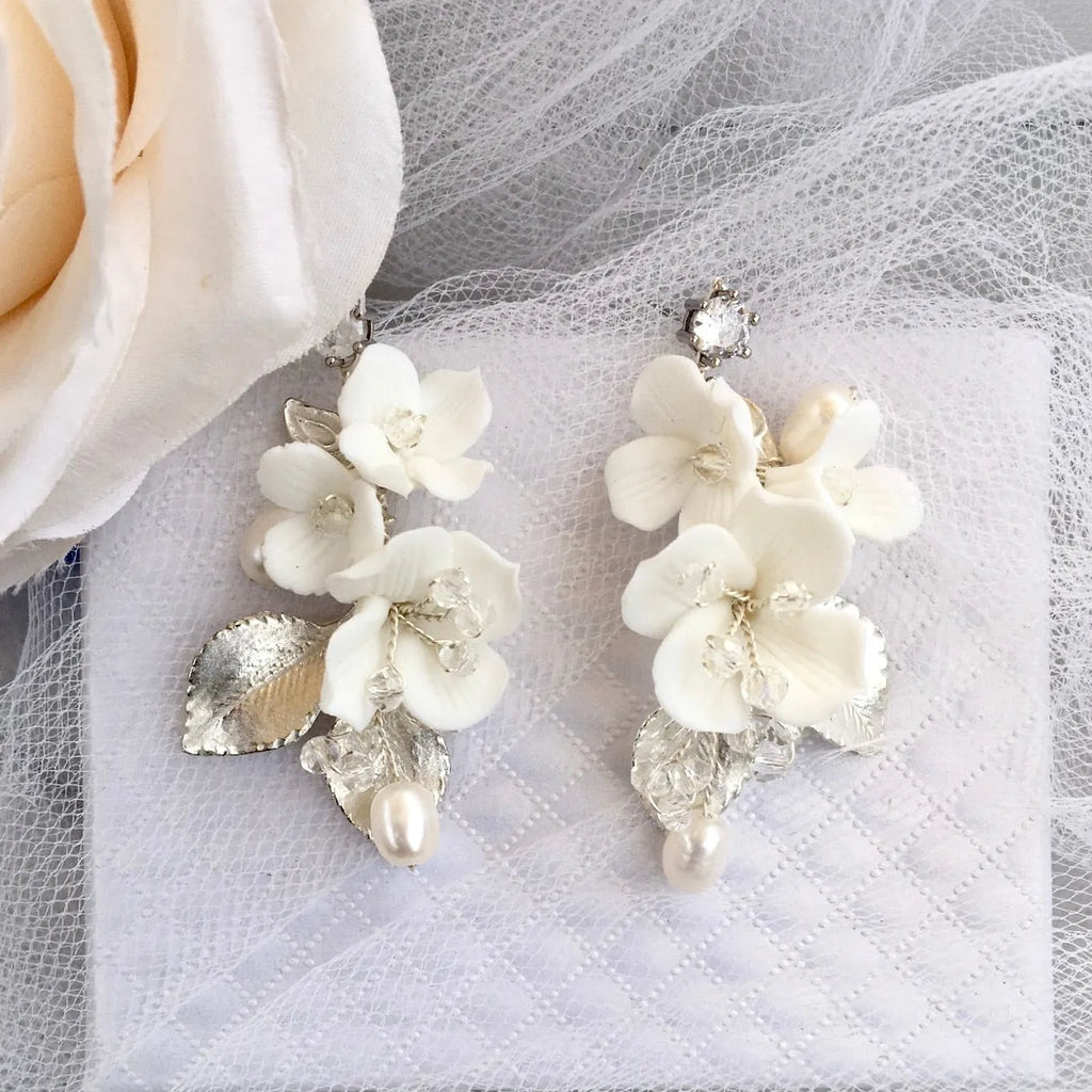 Wedding Hair Accessories - Ceramic Flowers Bridal Earrings - Available in Silver and Gold