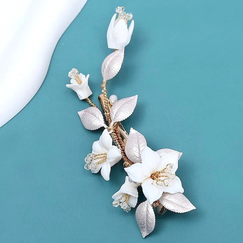 Wedding Hair Accessories - Ceramic Flowers Bridal Hair Clip - Available in Gold and Silver Finishes