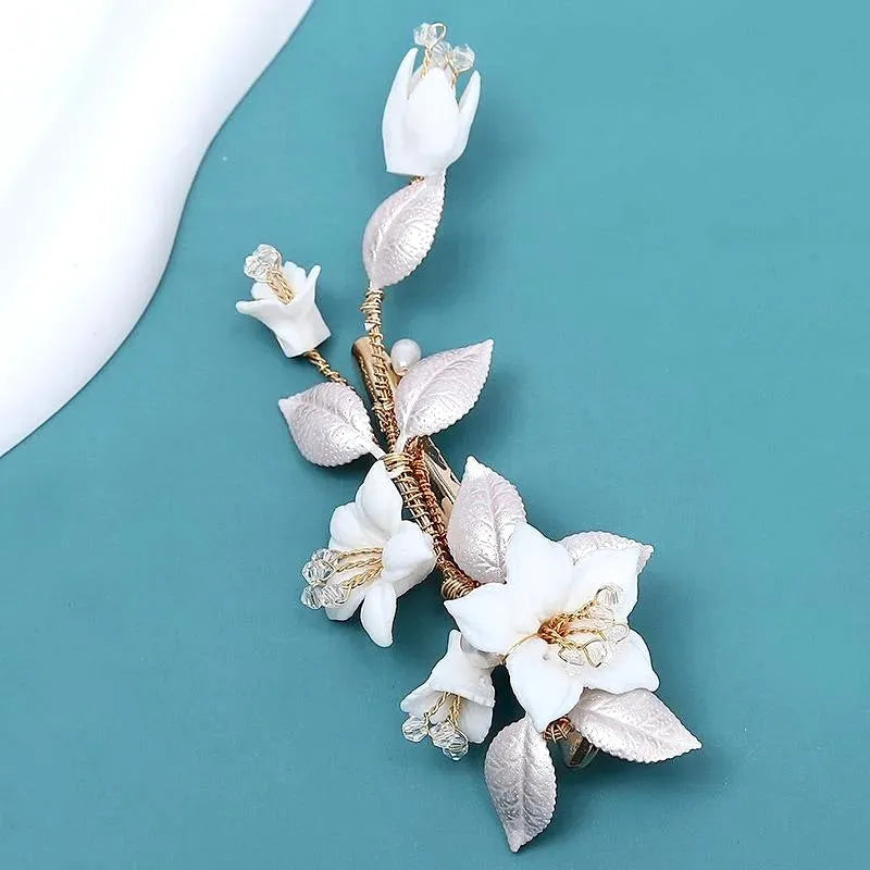 Wedding Hair Accessories - Ceramic Flowers Bridal Hair Clip - Available in Gold and Silver Finishes