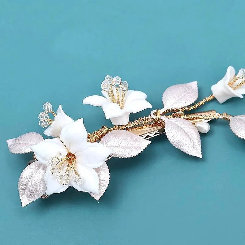 Wedding Hair Accessories - Ceramic Flowers Bridal Hair Clip - Available in Gold and Silver Finishes