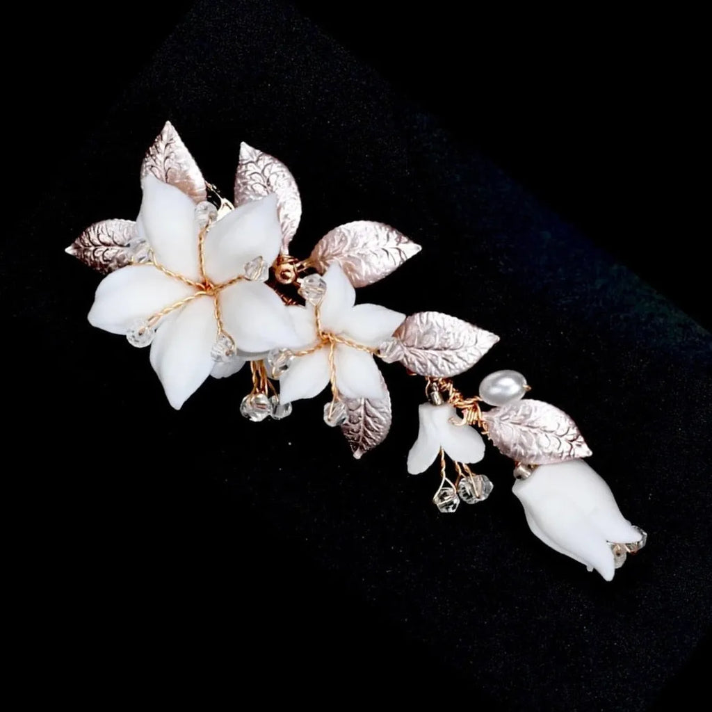 Wedding Hair Accessories - Ceramic Flowers Bridal Hair Clip - Available in Gold and Silver Finishes