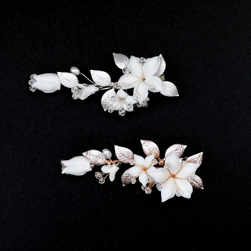 Wedding Hair Accessories - Ceramic Flowers Bridal Hair Clip - Available in Gold and Silver Finishes