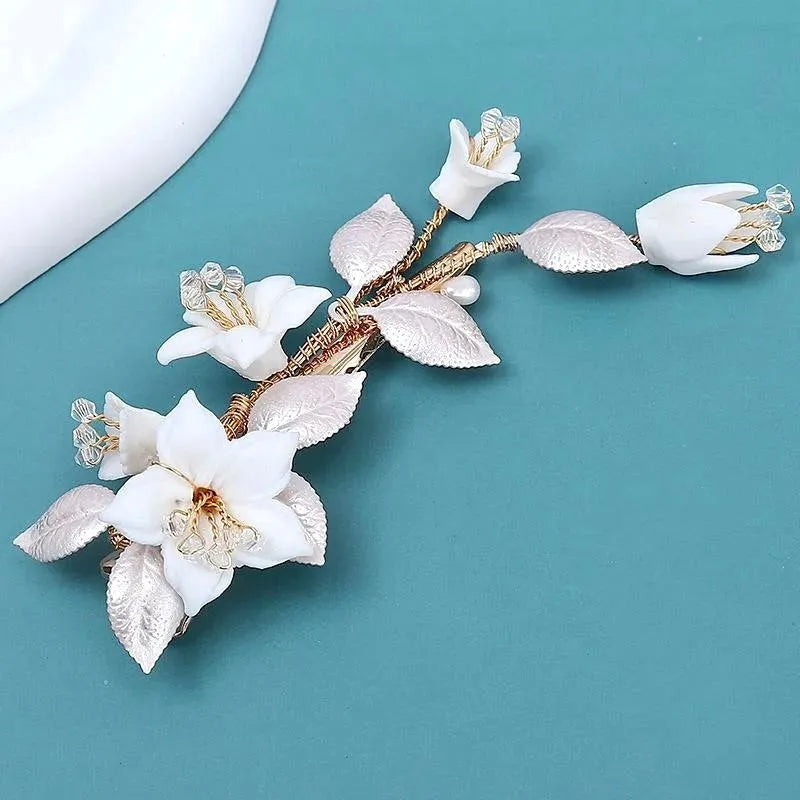 Wedding Hair Accessories - Ceramic Flowers Bridal Hair Clip - Available in Gold and Silver Finishes