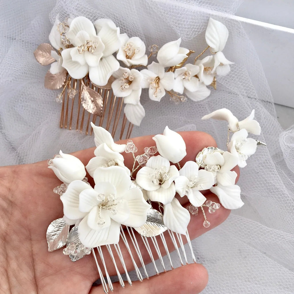 Wedding Hair Accessories - Ceramic Flowers Bridal Hair Comb and Earrings Set - Available in Silver and Gold