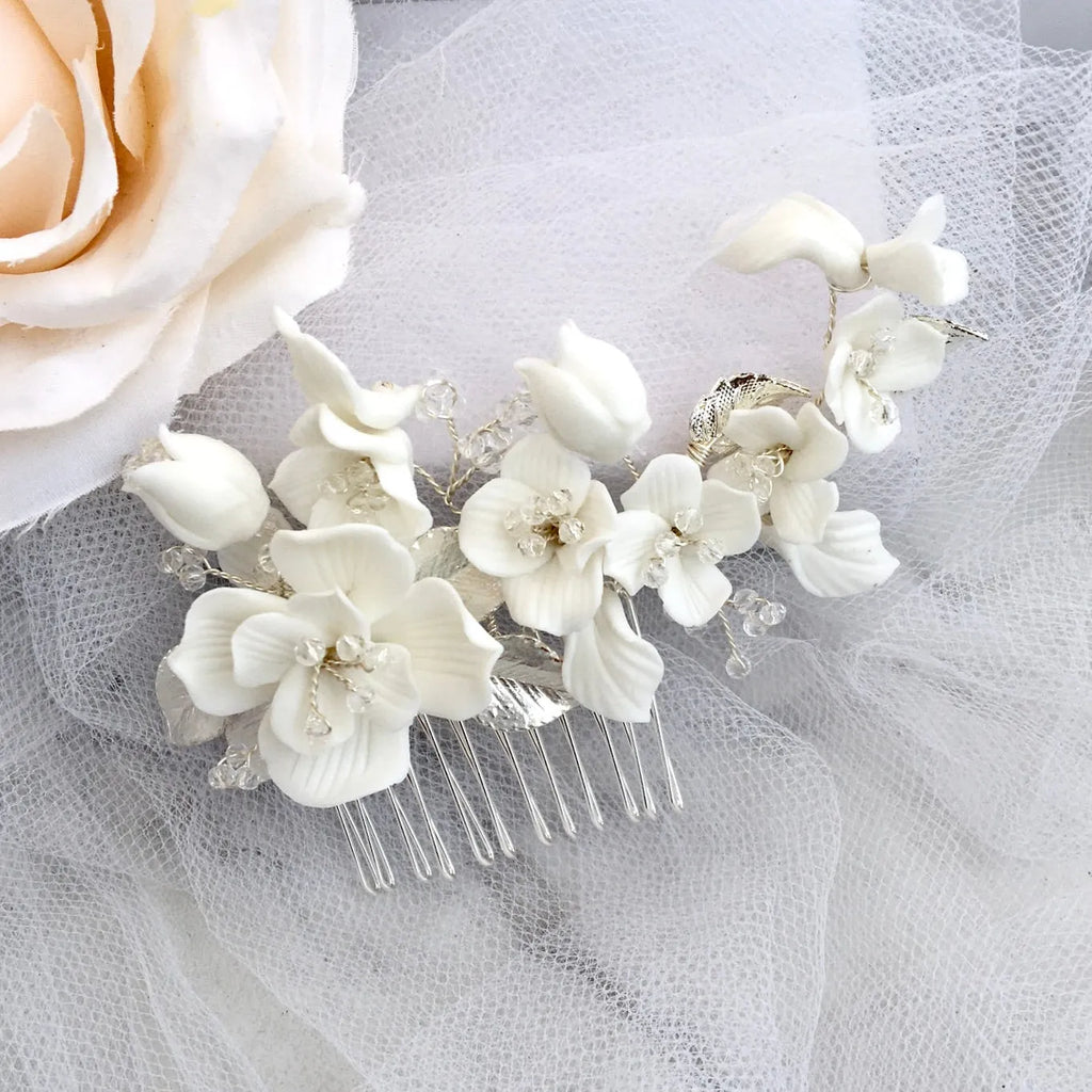 Wedding Hair Accessories - Ceramic Flowers Bridal Hair Comb and Earrings Set - Available in Silver and Gold