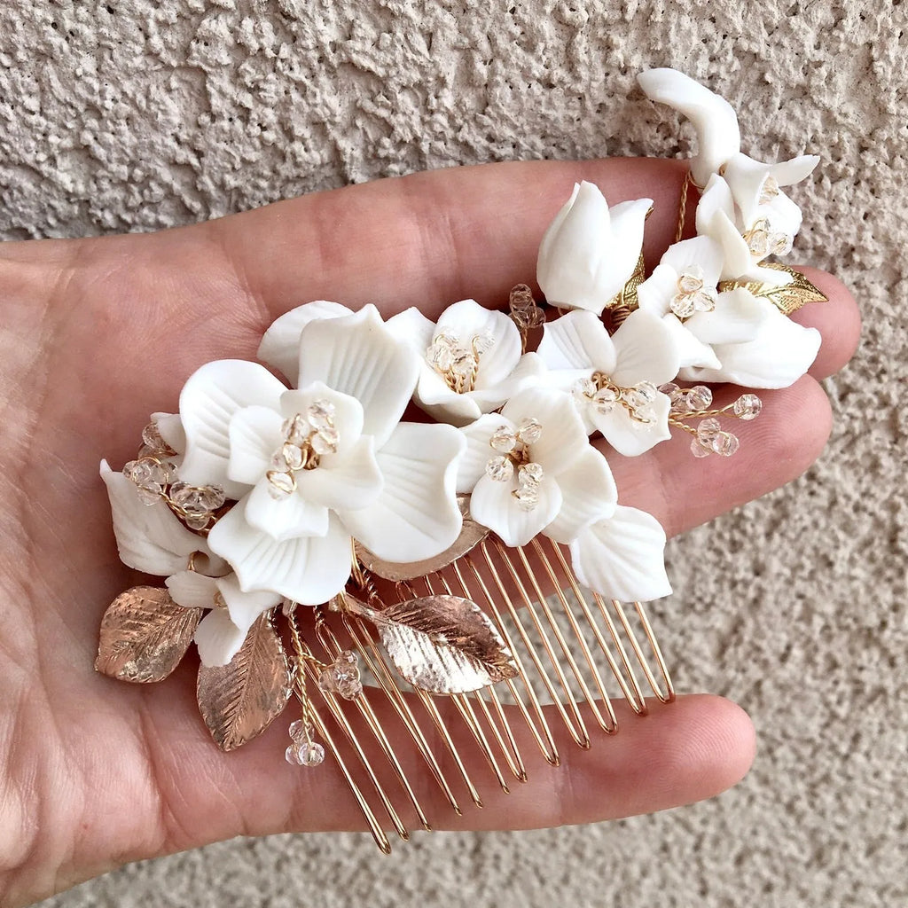 Wedding Hair Accessories - Ceramic Flowers Bridal Hair Comb - Available in Silver and Gold
