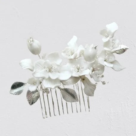 Wedding Hair Accessories - Ceramic Flowers Bridal Hair Comb - Available in Silver and Gold