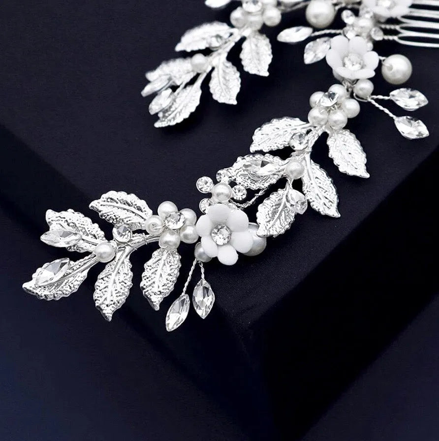 Wedding Hair Accessories - Ceramic Flowers Bridal Hair Comb / Vine - Available in Silver and Gold