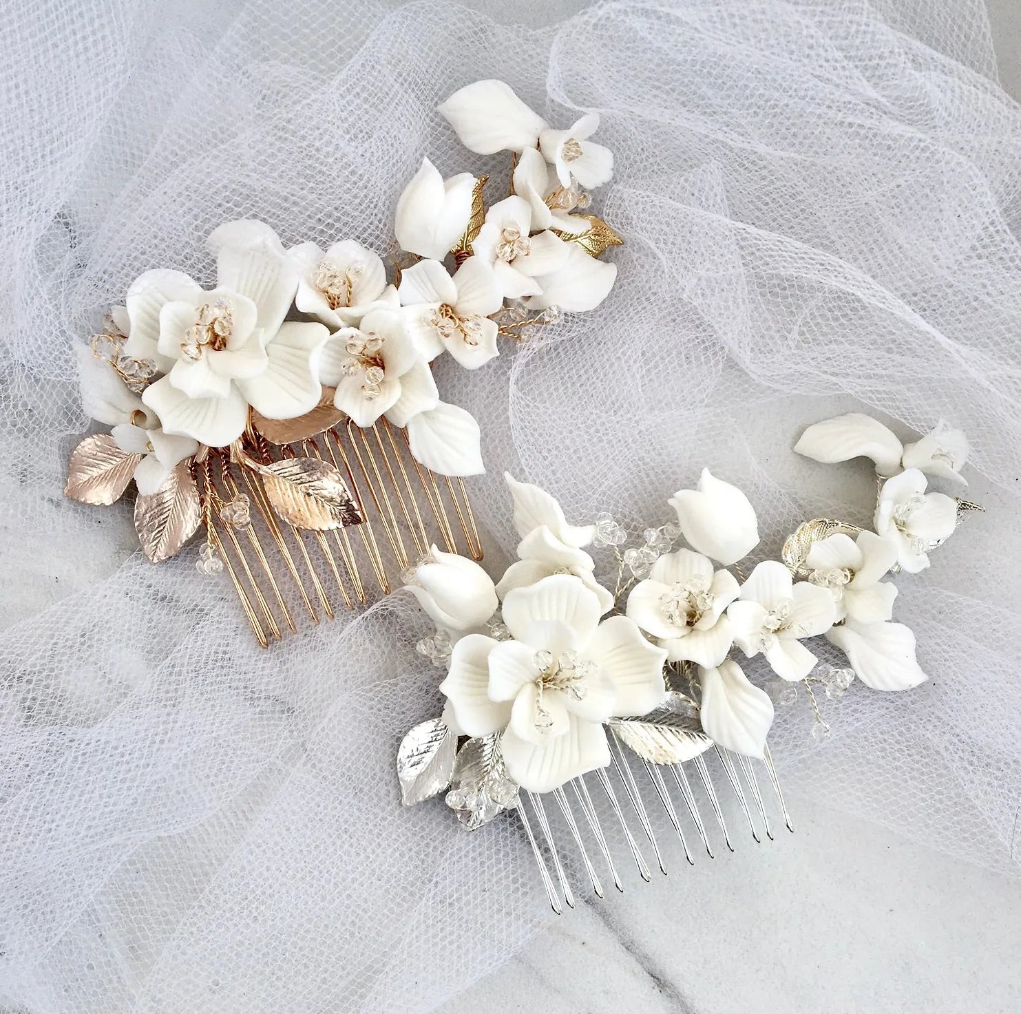 Handmade Wedding Hair Comb Set 2Pcs Ceramic Flower Bridal Accessories Freshwater Pearl Dusted White Rose And Lily Blossom Hair  main image 3