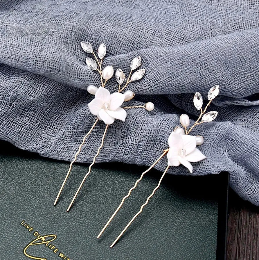 Wedding Hair Accessories - Gold Ceramic Flowers Bridal Hair Comb and Pins Set