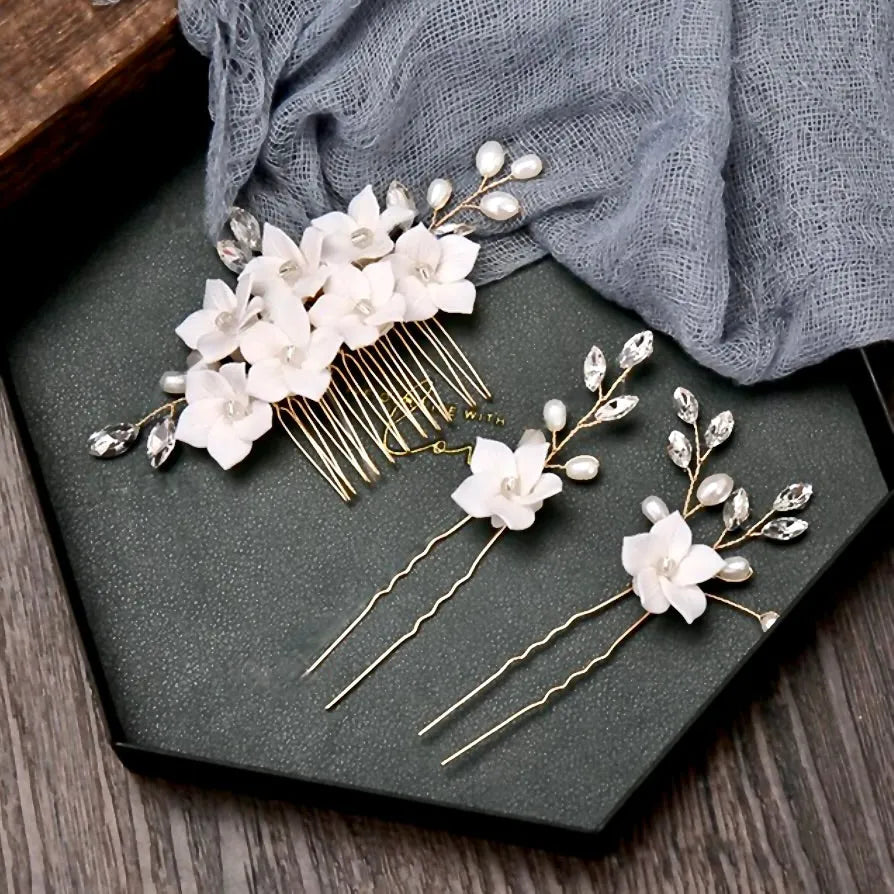 Kalyana Ceramic Flowers Bridal Hair Comb and Pins Set Gold