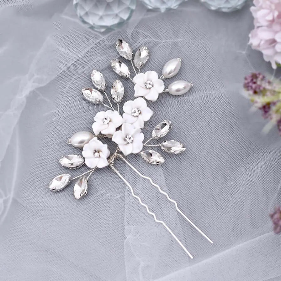 Wedding Hair Accessories - Ceramic Flowers and Pearls Bridal Hair Pin