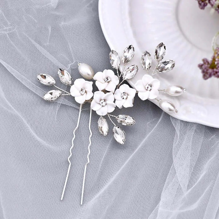 Wedding Hair Accessories - Ceramic Flowers and Pearls Bridal Hair Pin