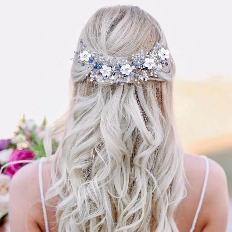 Wedding Hair Accessories - Blue Ceramic Flowers Bridal Headband / Hair Vine