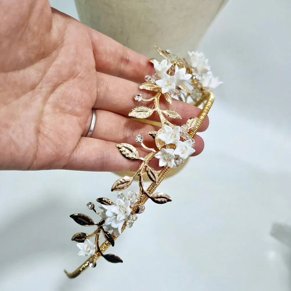 Wedding Hair Accessories - Gold Bridal Ceramic Flowers Double Tiara