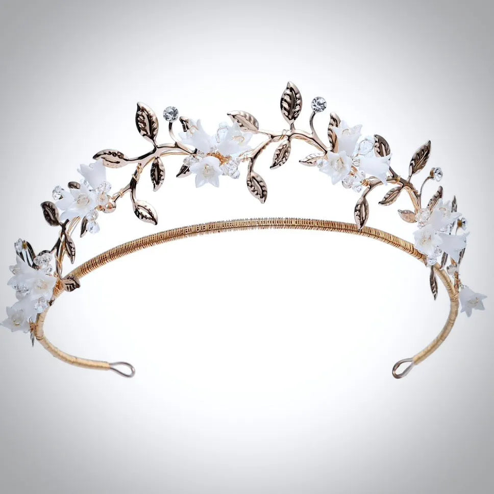 Wedding Hair Accessories - Gold Bridal Ceramic Flowers Double Tiara