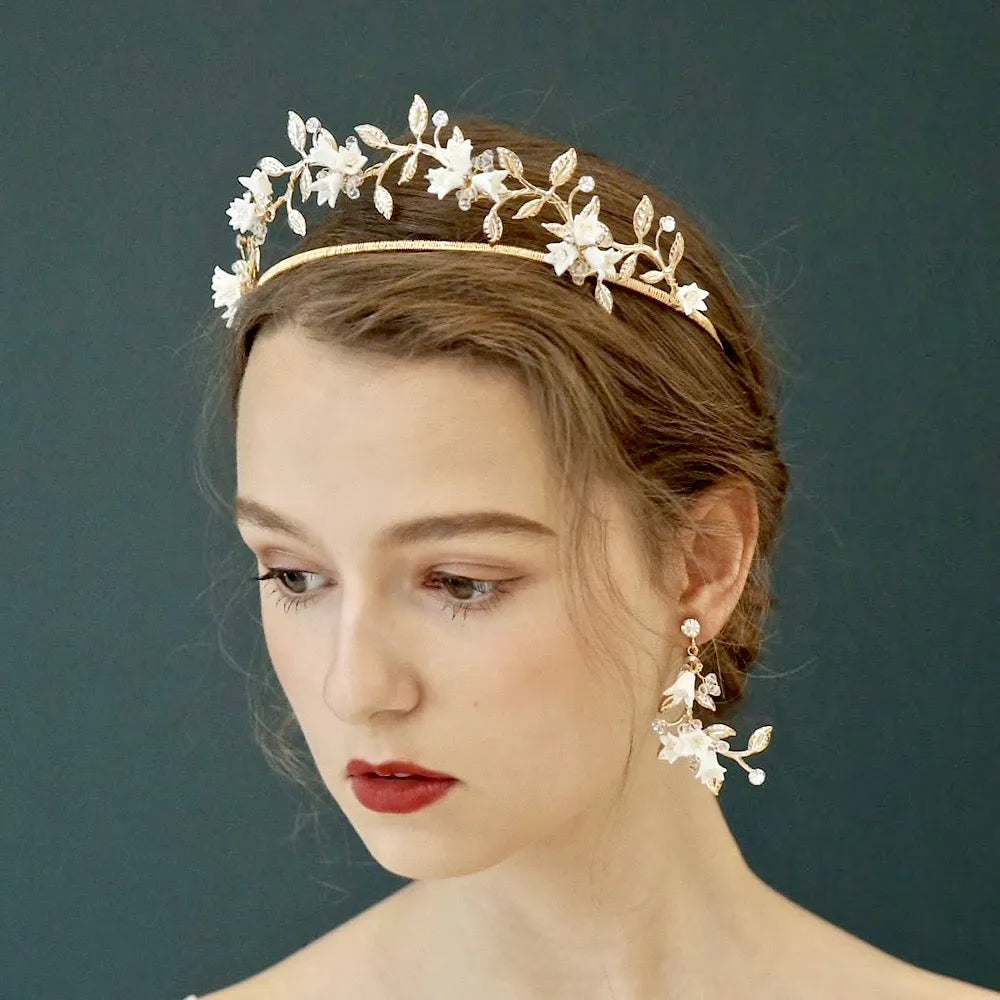 Wedding Hair Accessories - Gold Bridal Ceramic Flowers Double Tiara