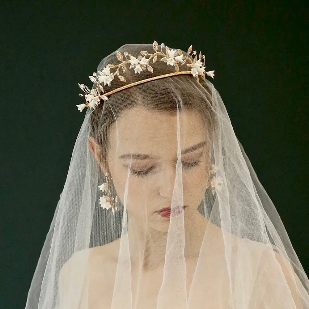 Wedding Hair Accessories - Gold Bridal Ceramic Flowers Double Tiara