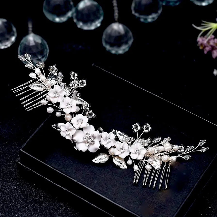 Wedding Hair Accessories - Ceramic Flowers Bridal Headband / Hair Vine - Available in Silver and Gold