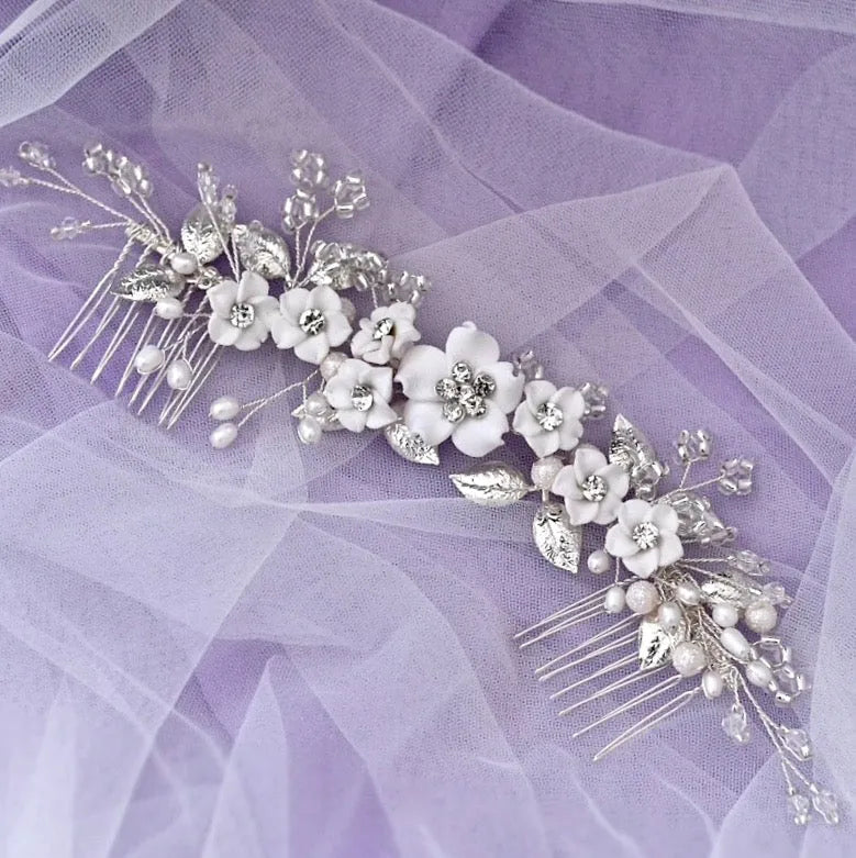 Wedding Hair Accessories - Ceramic Flowers Bridal Headband / Hair Vine - Available in Silver and Gold