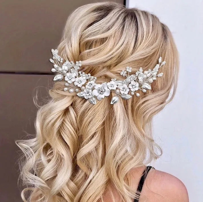 Wedding Hair Accessories - Ceramic Flowers Bridal Headband / Hair Vine - Available in Silver and Gold