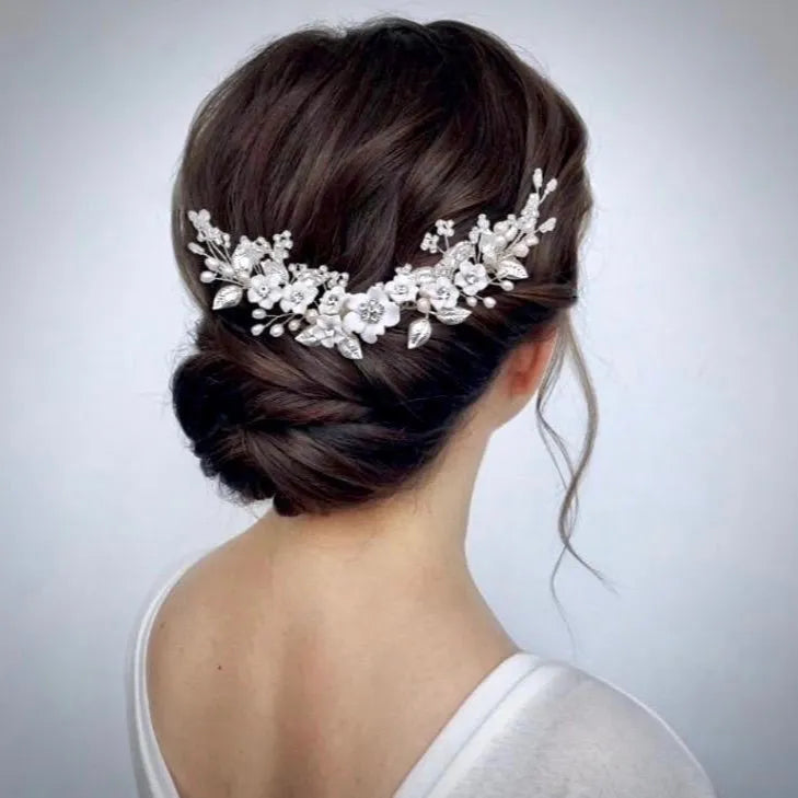 Wedding Hair Accessories - Ceramic Flowers Bridal Headband / Hair Vine - Available in Silver and Gold