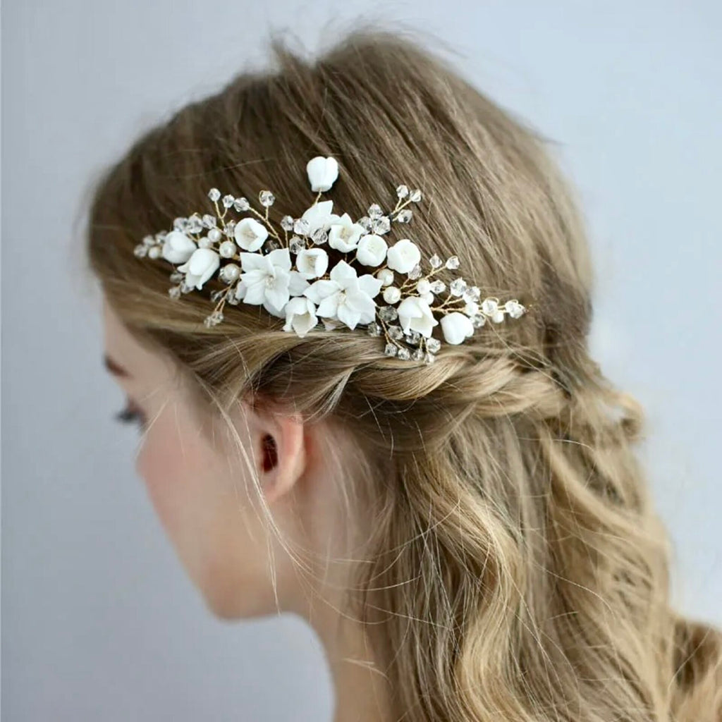 Wedding Hair Accessories - Pearl and Ceramic Flowers Bridal Hair Vine