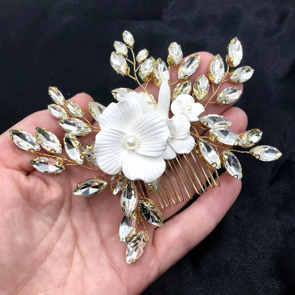 Wedding Hair Accessories - Ceramic Flowers Bridal Hair Comb - Available in Silver, Rose Gold and Yellow Gold